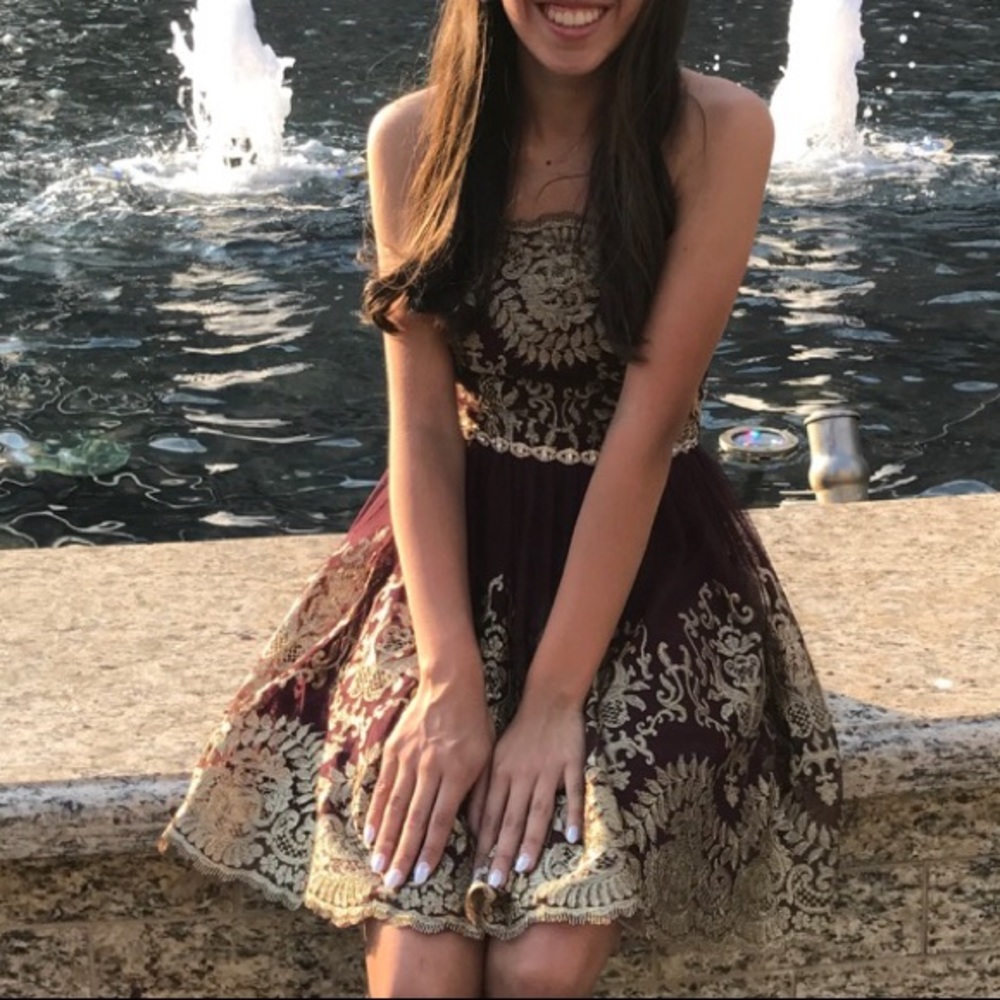 Burgundy and Gold Hoco Dress